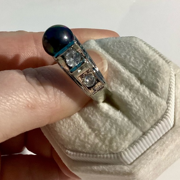 💋Gorgeous Sterling Silver Lux Black Rainbow Iridescent Tahitan Pearl & CZ ring - Picture 8 of 17